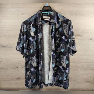 Tommy Bahama Shirt Mens Large Black Short Sleeve Button Up All Over Print Silk